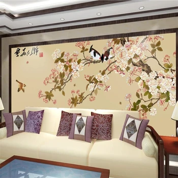 wellyu אישית גדולה ציור סיני-יד מצוירים פרחים, ציפורים, פרחים, טלוויזיה רקע קיר טפט הנייר דה parede