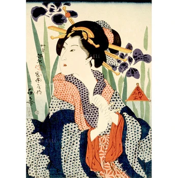 גיישה יפנית וסמוראי Shunga יפי צמרת Taume אישה עם חתול בד אמנות קיר עבור סלון עיצוב