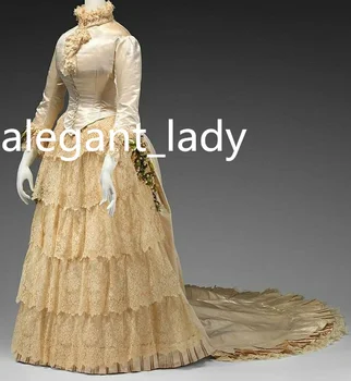 Chamapgne שווה היום שמלה עם שרוול ארוך אופנה ההיסטוריה תחפושת כתם תחרה מחוך ימי הביניים נשף שמלת ערב בתוספת גודל