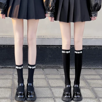 לבן שחור ארוך, גרביים גרבי ניילון לוליטה בנות פרל הברך גבוה גרביים בצבע אחיד נשים JK בסגנון יפני גרביים עד הברך סוקס גרבי