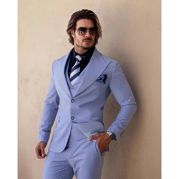 2023 חדש החתונה גברים אור כחול לשיא דש החליפות חליפת עסקים רשמית תחפושת Homme Slim Fit 3 יח ' סט מעיל אפוד מכנסיים
