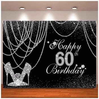 שחור וכסף אישה שמחה. יום הולדת 60 באנר רקע נצנצים, יהלומים, פנינים עקבים גבוהים עיצוב המסיבה צילום רקע