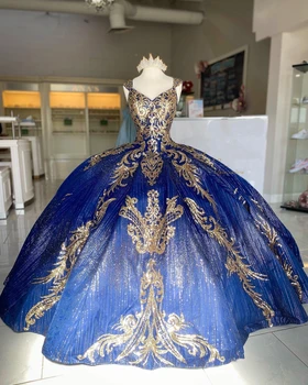 ANGELSBRIDEP מבריק כחול, זהב שמלת קינסאנךרה במשך 15 שנים נצנצים נפוח שיק הנסיכה מפורסם Vestidos דה-15 Anos