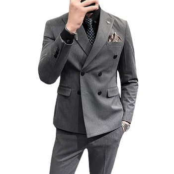 סתיו חדש לגברים חליפה קוריאני גרסה כפולה עם חזה סלים עסק מקצועי חליפה לחתונה שני חלקים חליפה (מעיל + מכנסיים)