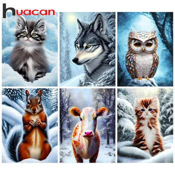 Huacan 5D Diy יהלום ציור חיה פסיפס חתול זאב, ינשוף, סנאי רקמה, חרוזים ערכות קישוט הבית מלאכת יד