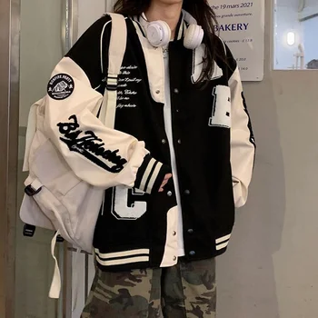 בציר מעיל מחבל נשים Harajuku אופנה במכללה אחיד לקבוצת הבייסבול ג ' קטים נשיים גדולים אופנת רחוב Y2k
