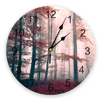 יער עלים אדומים השעון בסלון עיצוב הבית העגול הגדול שעון קיר אילם קוורץ שעון של שולחן חדר שינה קישוט קיר שעון