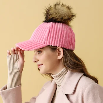 חדש לנשים חורף פרווה אמיתית פונפון קורדרוי כובע בייסבול ילדה חיצונית מתכווננת צמר חם Snapback