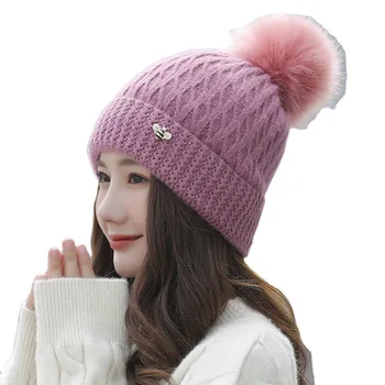החורף קוריאני מתוק ישר כובע סרוג חמים צמר כובע אופנה שיער כדור מעובה האוזן קאפ