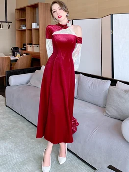 האביב שמלות מקסי לנשים 2023 אלגנטי איכות יין אדום קטיפה מחוץ כתף צרופה תחרה הזיקוקים שרוול החלוק ערב שמלת מסיבת