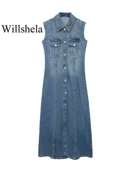 Willshela נשים אופנה עם כיס ג 'ינס כחול יחיד עם חזה Midi שמלה וינטאג' דש הצוואר שרוולים נקבה שיק שמלות ליידי