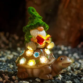 Nacome גמד/צפרדע רוכב על צב גן קישוט חיצוני דמויות עם פרחים LED אורות פיות מצחיק פיית גן ילדים