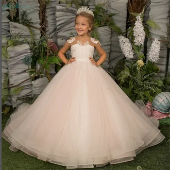 פלאפי לבן טול תחרה פנינה מבריק פרח ילדה שמלת חתונה אלגנטית פרח קטן הילד החלק הראשון קודש שמלת מסיבת