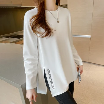 Harajuku טהור כותנה שרוול ארוך מכתב רקמה על חולצות לנשים Y2k מקסימום צד פיצול בסיסי לבן חולצה קוריאה אופנת רחוב