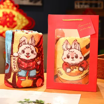 הקמע של שנת הארנב ב-2023 סין-שיק הרוח הארנב הדפסה שמיכת חורף פלנל תנומה שמיכה חברת מתנות
