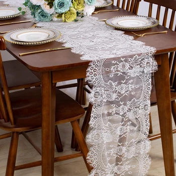 בציר לבן, תחרה שחורה שולחן רץ כיסוי מעולה תחרה בד רקום פרחים מפת שולחן עיצוב שולחן חתונה כפרית