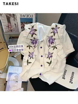 צרפתי אלגנטי פיטר פן צווארון רקמה פרחונית חולצות 2023 הקיץ של נשים וינטאג ' פאף שרוול יחיד עם חזה שיפון חולצות