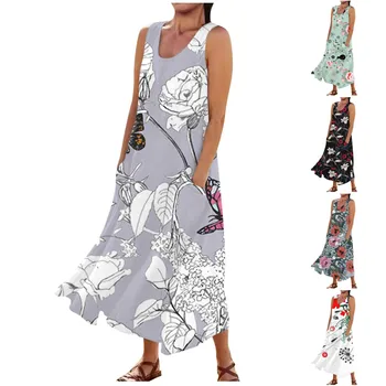 אלגנטי שמלות ארוכות לנשים 2023 קיץ מזדמן נוח פרחוני הדפסה שרוולים כותנה בכיס השמלה Vestidos פארא Mujer