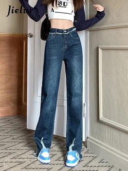 Jielur כחול כהה רחב ג 'ינס רגל אישה סתיו חורף קוריאני חדש מזדמנים מכנסיים קצה גלם פיצול גבוהה המותניים קרע ג' ינס נשים S-XL