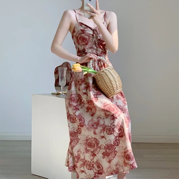 2023 בסגנון צרפתי שרוולים רוז הדפסה שמלת וינטג ' ספגטי רצועת הקיץ ללא משענת Vestido אלסטי המותניים פרחוני Miid שמלות