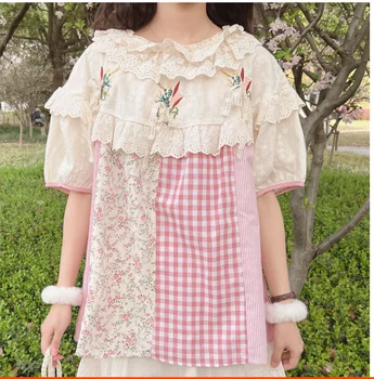 יפן בסגנון מורי נערת פרחים הדפסה משובץ פס תחרה כותנה קצר שרוול חולצת נשים