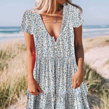 Happie מלכות נמר פרחוני הדפסה אופנה קיץ החוף בוהמי שמלת מיני עבור נשים V-neck זהורית כותנה מזדמן שמלות בוהו.