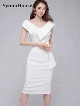 אביב, קיץ, סתיו, אלגנטי אופנה שמלה לבנה של נשים קוריאני נדן שמלות עיפרון V-צוואר מקצוע Bodycon Vestidos