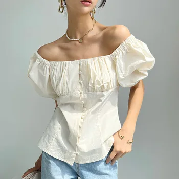קוריאני שיק הקיץ נטוי הצוואר מן הכתף נשים חולצות יפנית פאף שרוול יחיד עם חזה נשי חולצות וינטג Blusas Mujer