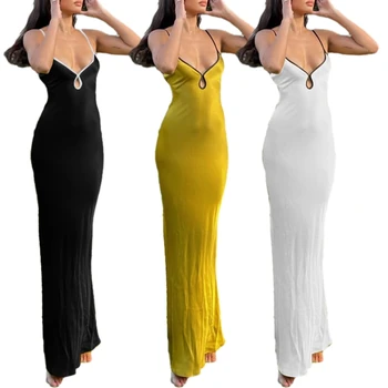נשים אלגנטי ספגטי רצועת קו-מקסי-זמן להחליק השמלה ללא שרוולים עם צווארון וי עמוק לקשור ללא משענת מסיבת קוקטייל שמלות