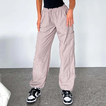 Wepbel חופשי ריצה המכנסיים לנשים באמצע שנות ה מותניים צבע מוצק אופנה מכנסיים סרבל רצועת נוסע מזדמן ישר מכנסיים רופפים