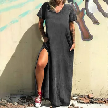 הקיץ חולצה לנשים Vestidos 2023 חדש מוצק צבע מזדמנים V צוואר עם שרוולים קצרים חרך חופשי השמלה הבסיסית Homewear
