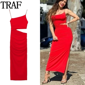TRAF אסימטרי אדום ארוך שמלות נשים ללא שרוולים להחליק השמלה לגזור שמלת Bodycon אישה חשופת גב סקסי קיץ שמלות ערב