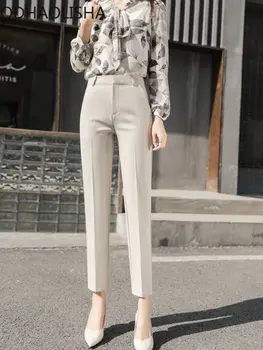 נשים המכנסיים עם חוש Pendency גבוהה המותניים צינור ישרה דמות רזה Ol מקצועי המכנסיים עשן מקטרת קטנה הרגל תשע