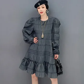 סגנון קוריאני פאף שרוול קו שמלת האביב, הסתיו Pullovers שמלה בצבע אחיד שמלות מיני Женское весеннее платье