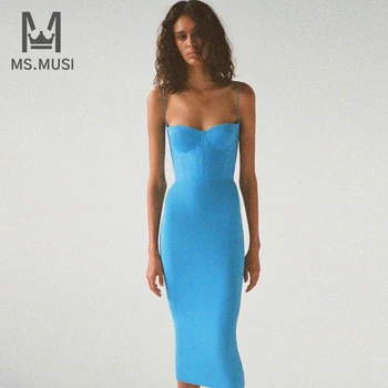 MSMUSI 2023 חדש אופנה נשים סקסיות כחול שיק רצועת פסים ללא שרוולים מחשוף גב התחבושת מסיבת מועדון Bodycon סלים אירוע Midi שמלה