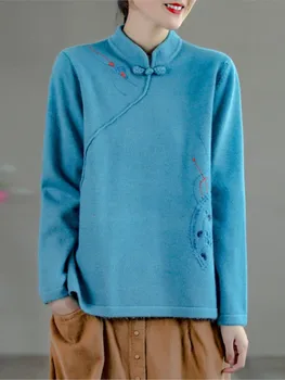 Johnature נשים וינטאג ' רקמה כפתור סוודר לעמוד שרוול ארוך צבע מוצק בגדים רפויים 2023 סתיו החורף חדש סוודרים