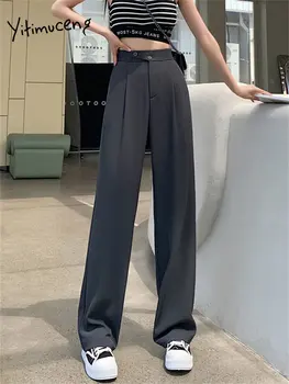 Yitimuceng גבוהה עם קו מותן רחבה הרגל המכנסיים נשים מוצק קוריאני אופנה מזדמן ישר חליפות מכנסיים משרד גבירותיי באורך מלא מכנסיים