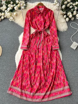 סתיו אופנה מכתבים הדפסה אדום בציר שמלת מקסי נשים שרוול ארוך הצווארון להנמיך את חגורת תחרה שורה צד החלוק Vestidos