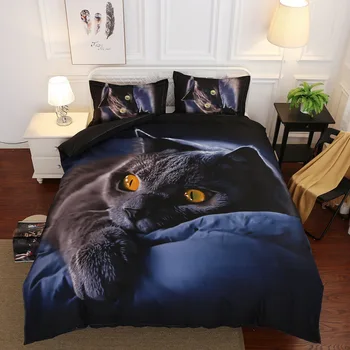 חתול שחור סט מצעים המלך המלכה גודל 3D חמוד כחול כהה מחמד קיטי עיצוב חדר השינה כיסוי השמיכה על ילדים בני נוער מבוגרים עם הכרית