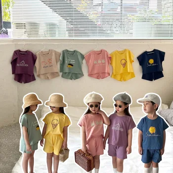 ילדים חליפת קיץ הגירסה הקוריאנית ילדים בגדי ילדים קיץ קצר שרוול חליפת כותנה בנות חליפת בייבי בנות בגדי הקיץ