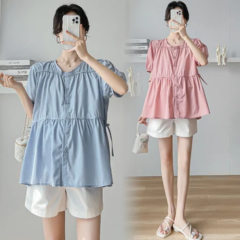 209# קיץ אופנה קוריאנית לידה חולצות מכנסיים סטים מתוק בגדים לנשים בהריון הריון מקסימום