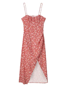 TRAF 2023 גברת קיץ ספגטי רצועת הדפסה 2023 שמלה חדשה קפלים קישוט החוף סגנון נטוי צווארון ללא שרוולים אמצע שוק