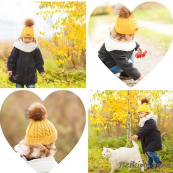 ילדים טוויסט של צמר לסרוג כובע הסתיו-חורף חם חיקוי הפרווה דביבון הכדור לסרוג כובע ילד ילדה טוויסט כובע 1-4 שנים