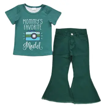 סיטונאי ילדה ג 'ינס ירוק להגדיר ילדים פעוט עם שרוולים קצרים של אמא האהובה דגם חולצה מכנסי ג' ינס ילד תינוק תלבושת