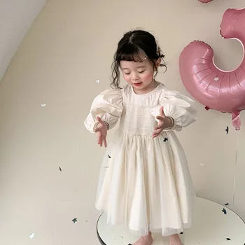2022 אביב חדש בסגנון קוריאני בייבי בנות נסיכה שמלות פאף שרוול בצבע אחיד שמלת נשף פעוטות ילדים שמלת מסיבת