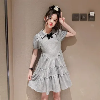 האופנה Teen ילדה שמלה שרוול קצר בגדי בית הספר כותנה בסגנון קוריאני אורגנזה שמלות הילדים שמלות קיץ בנות תחפושת