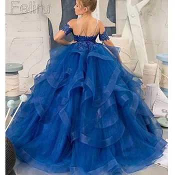 חופש כתף התחרות שמלות לבנות חרוזים תחרה כחול טול קפלים פרח ילדה שמלת החתונה ילדים הנסיכה צד שמלות