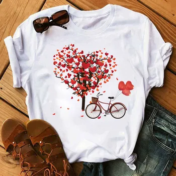 נשים חולצה הלב עץ אופניים להדפיס לכל היותר נשי מזדמן שרוול קצר חולצות טי Harajuku גרפי חולצת טי נשים חמוד חולצה