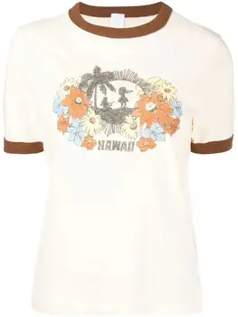 Flordevida Hawwaii הדפסה הצוות-צוואר חולצת נשים שרוול קצר ניגודיות צבע קיץ חולצת נשים בחורה בוהו חוף לנשים עליונים