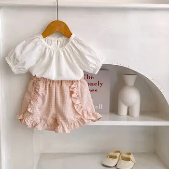 בגדי תינוק מגדיר פעוט לבן פשוט פנס שרוול החולצה גג+חצאית קפלים קצרים 2Pcs בייבי בנות תלבושות קיץ בגדים